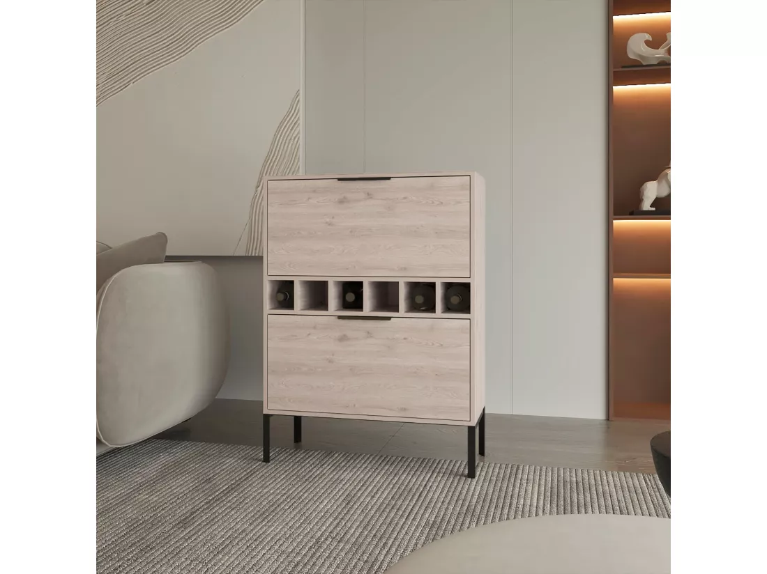 Meuble bar Lyrata en mélaminé avec porte-bouteilles, porte-verres et 4 étagères , 110 cm X 80 cm X 35 cm , Gris / argenté