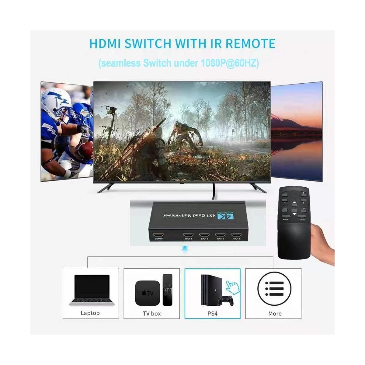 NÖRDIC HDMI-skaleringsbryter 4 til 1 med Multiviewer 4K30hz HDCP1.4