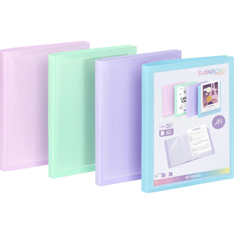 Protège-documents personnalisable 60 pochettes - 120 vues - A4 - polypropylène RAINBOW PASTEL VIQUEL- Coloris assortis