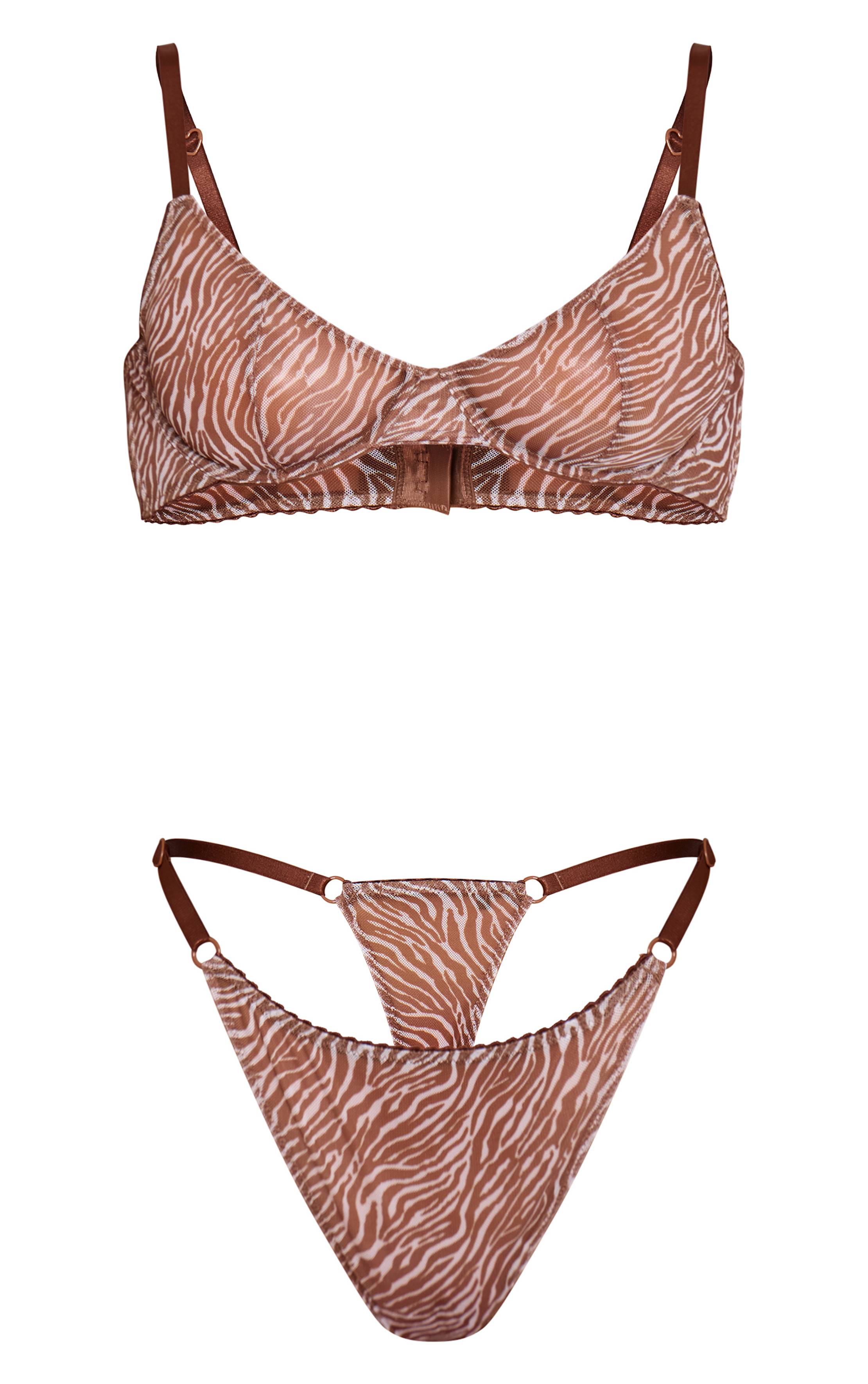 Chocolat Ensemble Soutien-gorge À Armatures Et Culotte En Tulle Imprimé Zèbre