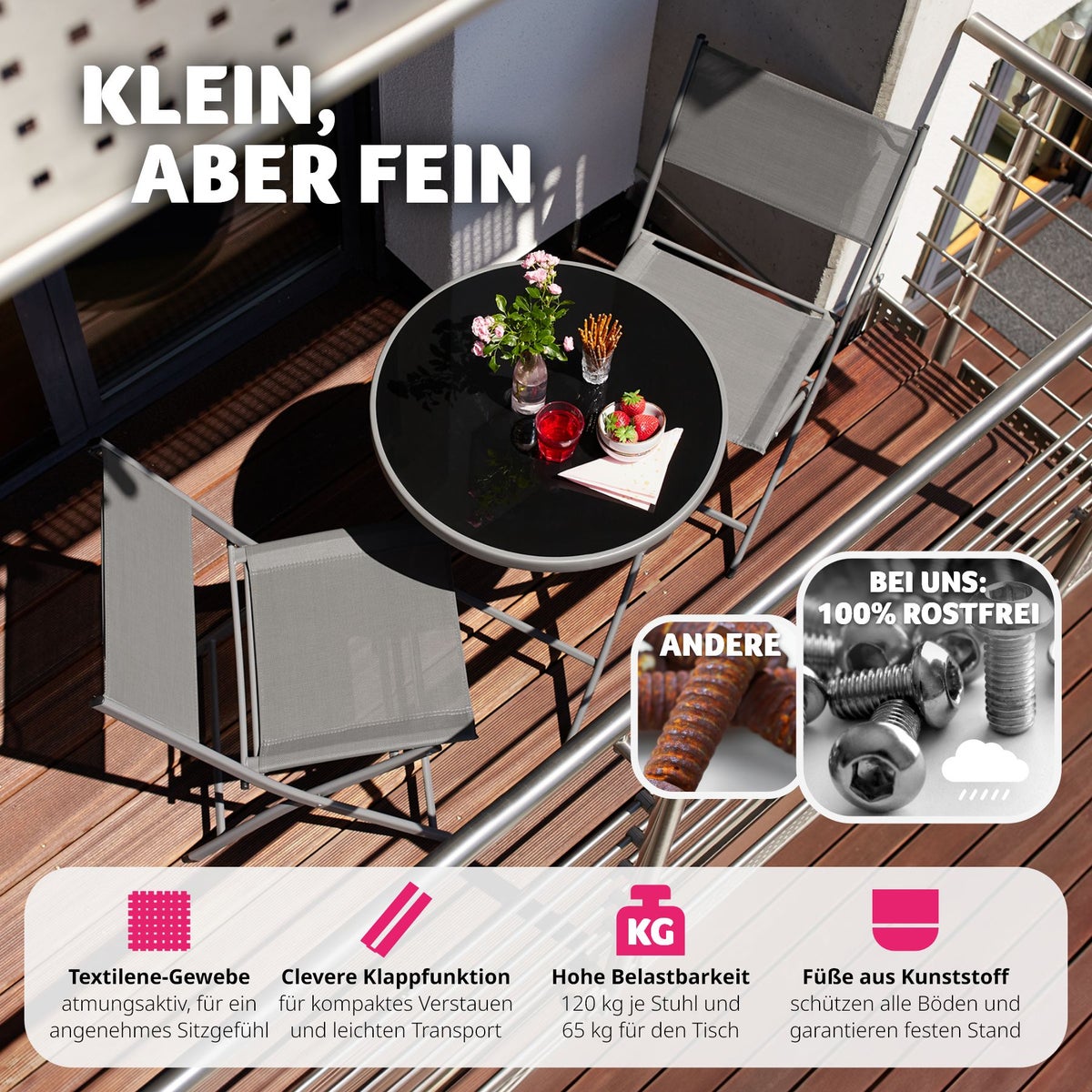 tectake Düsseldorf opvouwbare bistroset voor 2 personen, tafel met blad van veiligheidsglas