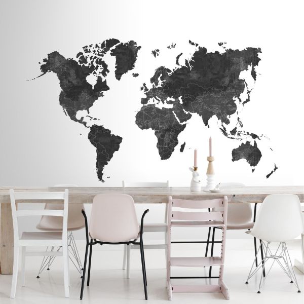 Estahome Wereldkaart Fotobehang  - 3 x 3 m - Antraciet Grijs