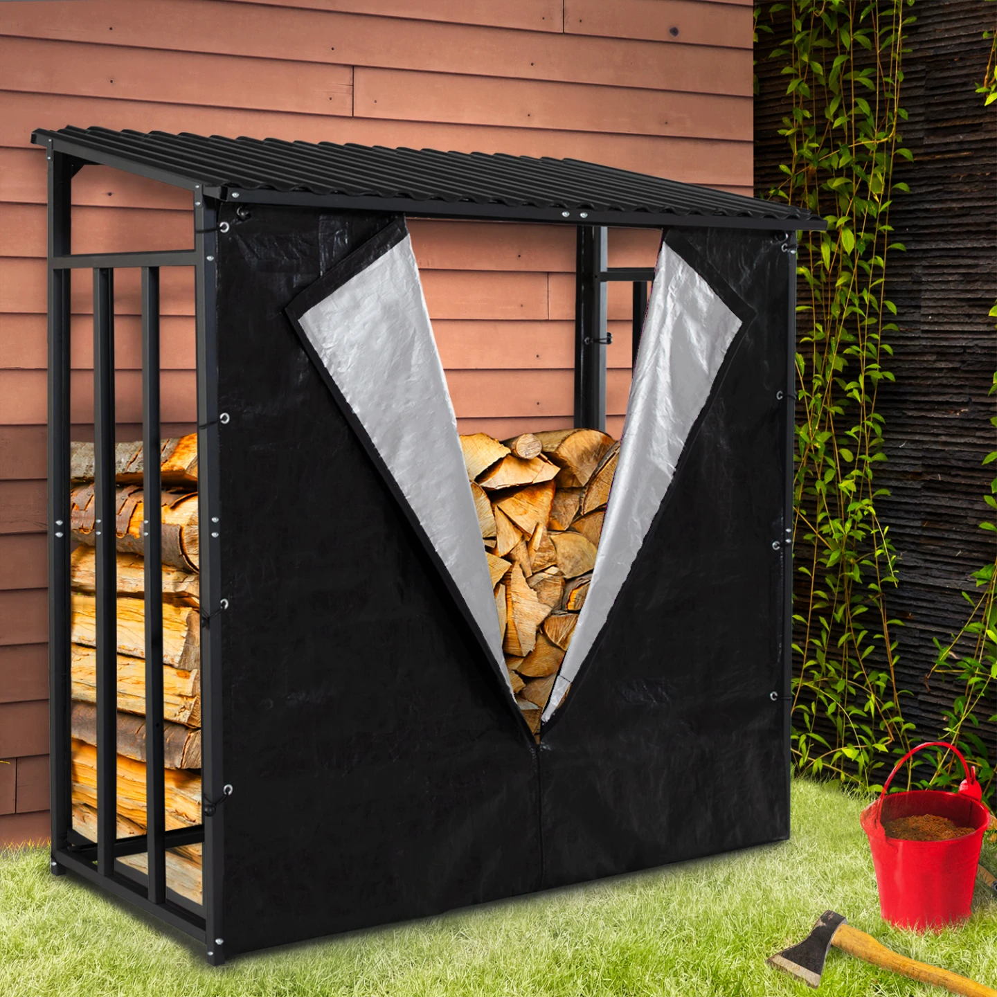 Abri de stockage en acier galvanisé pour bûches L.190 cm avec housse de protection 150 gr