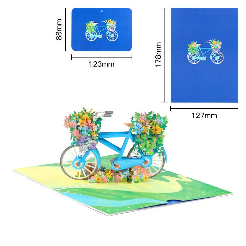 Glückwunschkarte Gruss Pop-Up Doppelkarte   Umschlag - Velo / Blumen