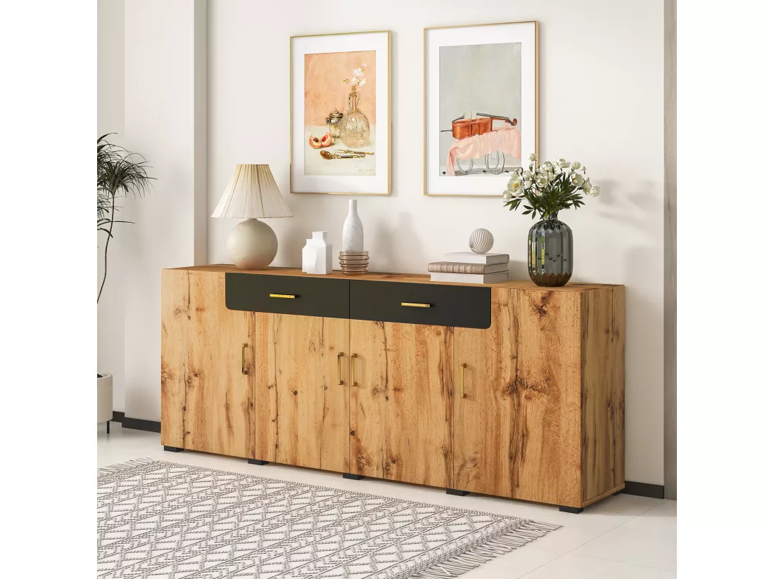 Buffet effet bois et noir 4 portes 2 tiroirs poignées dorés 208x39,5x80cm HERNON