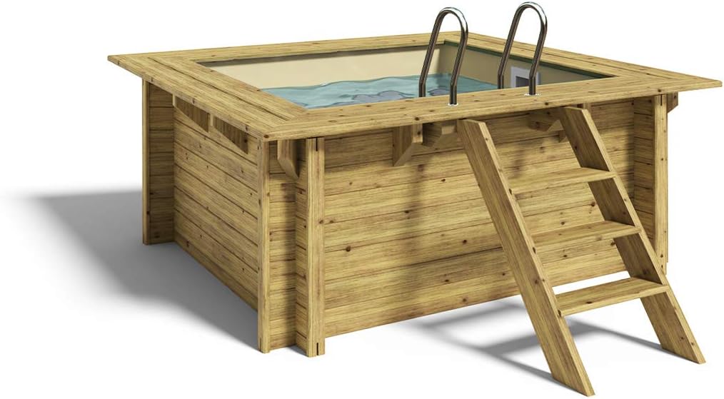 Paradies Pool® Holzpool Lulu Komplettset inkl. Filteranlage, Edelstahlleiter Tiefbecken, Folie Sand mit 0,8mm Stärke, Viereck-Pool, 200 x 200 x 104, Menge: 1 Stück