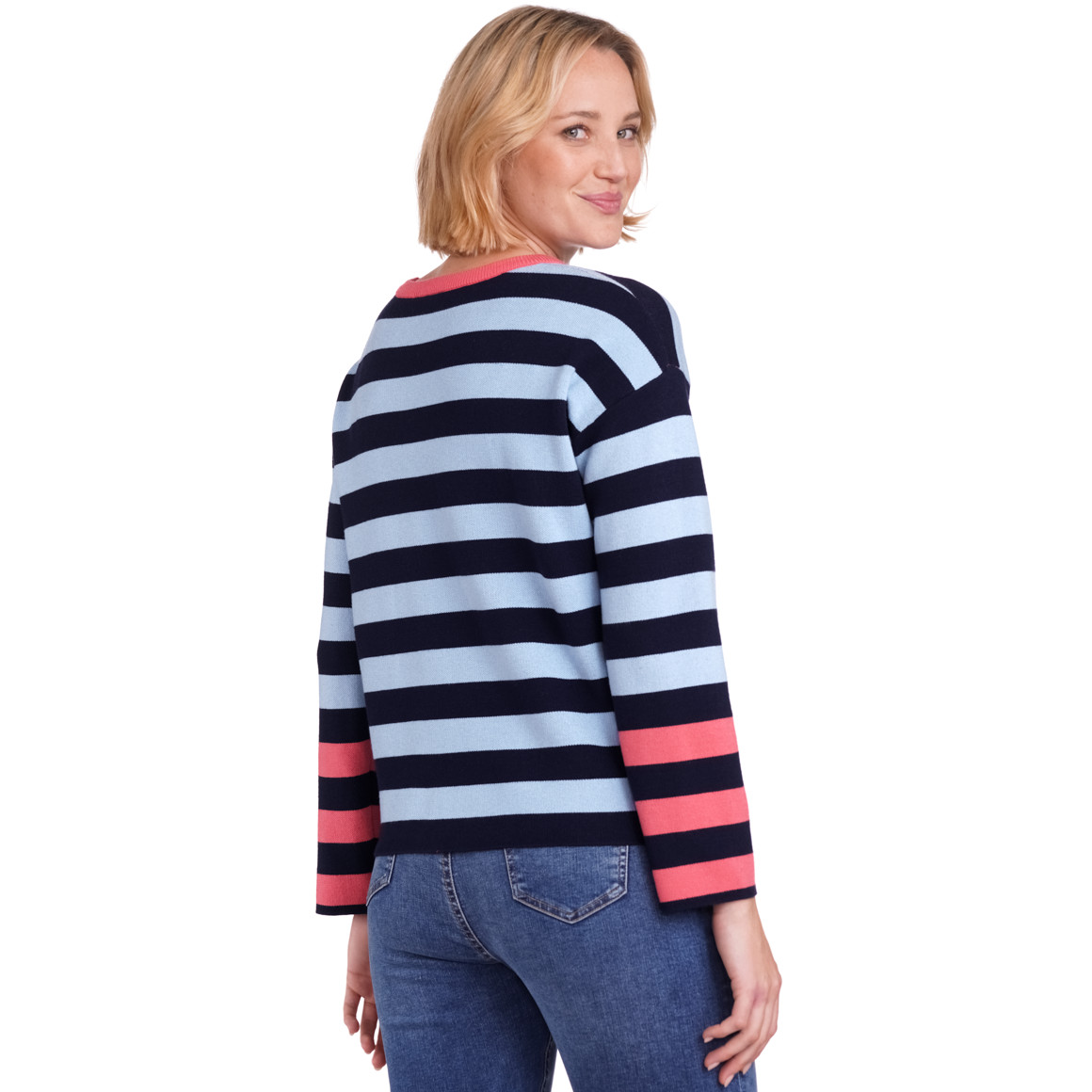 Gina Benotti Micky Maus Strickpullover mit Streifen hellblau / dunkelblau / hellrot