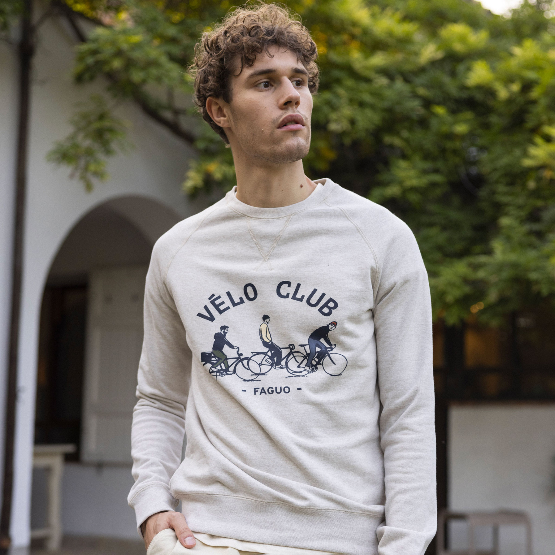 Sweat beige chiné Vélo Club Coton recyclé - modèle Darney