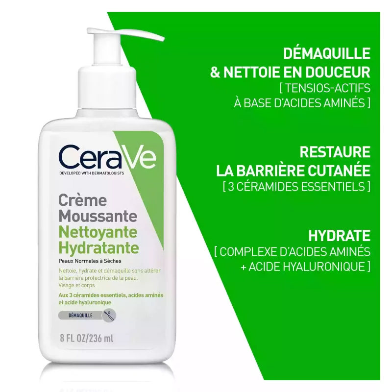 Crème Moussante Nettoyante Hydratante Visage pour les Peaux Normales à Sèches - 236ml