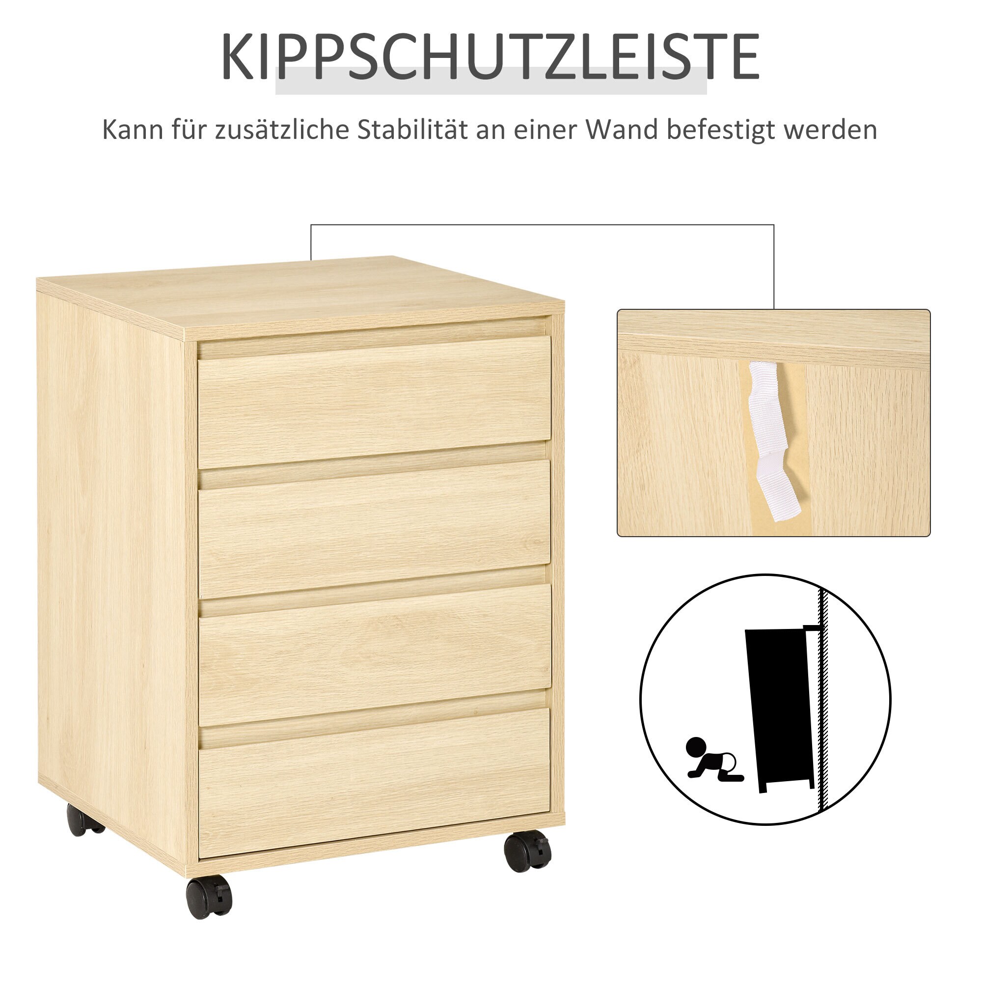 HOMCOM Aktenschrank mit 4 Schublade und Rollen natur 46L x 40B x 65H cm