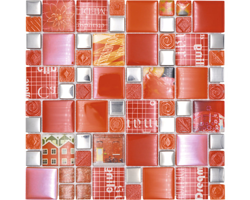 Glasmozaïek XCM MC579 29,8x29,8 cm zilver/rood