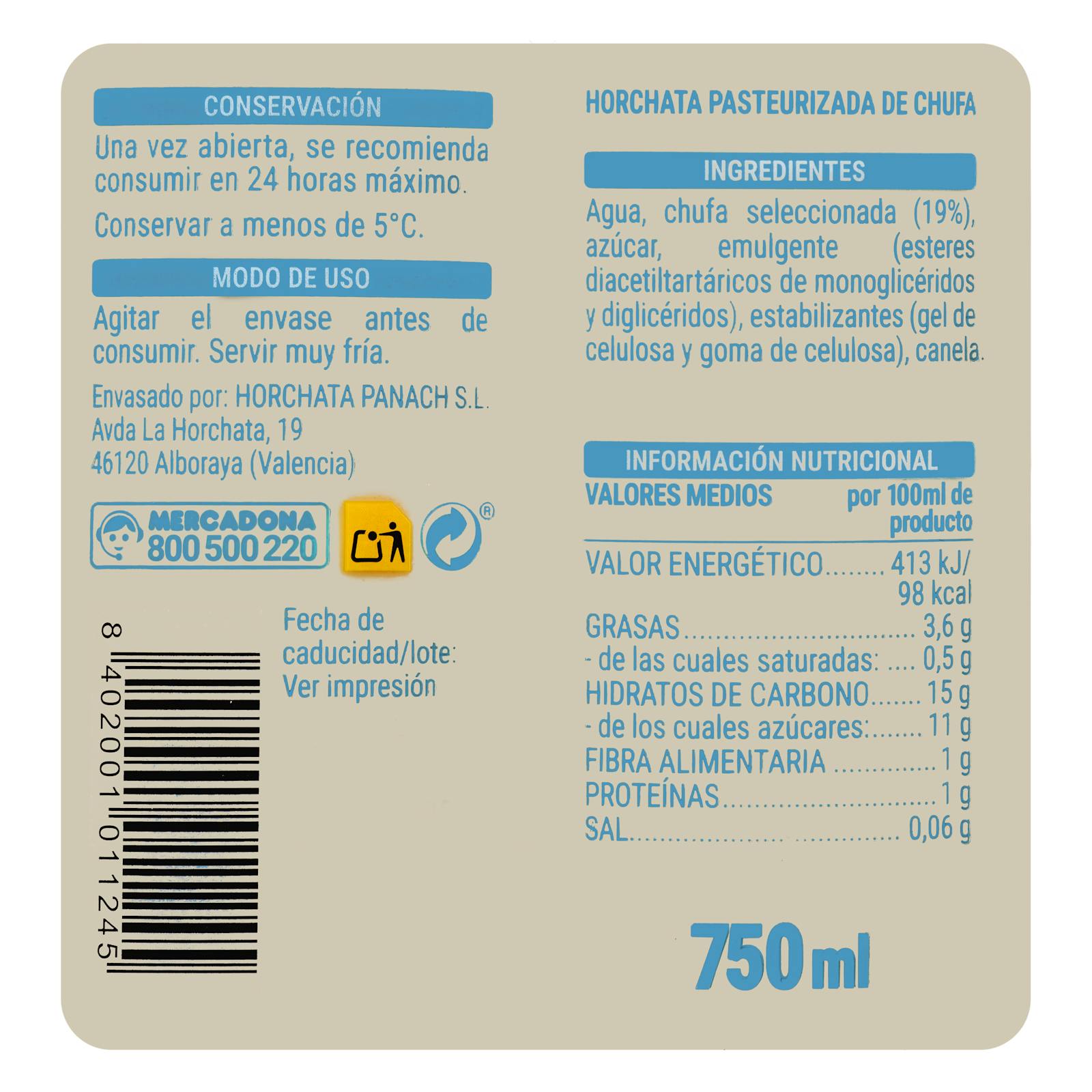 Horchata fraîche Hacendado