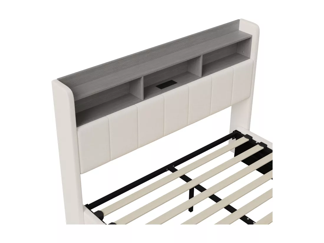 Lit coffre double 160 x 200 cm, tête de lit avec rangements et bande lumineuse LED, chargement USB, velours blanc, sommier à lattes, structure en métal, lit tapissé hydraulique - Blanc