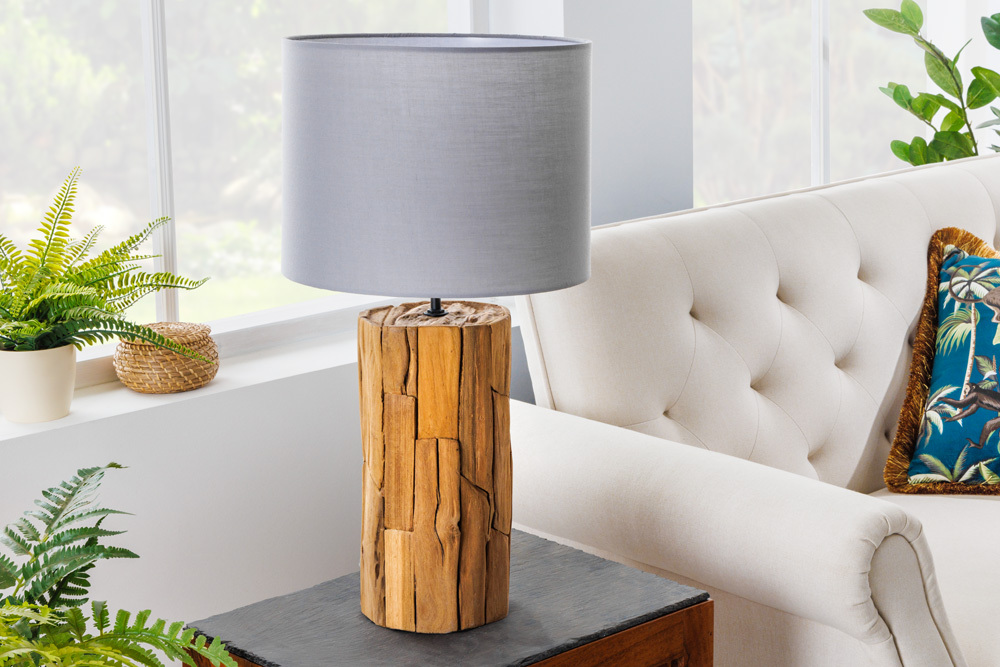 Design Tischlampe ROOTS 60cm Treibholz Leinenschirm grau handmade