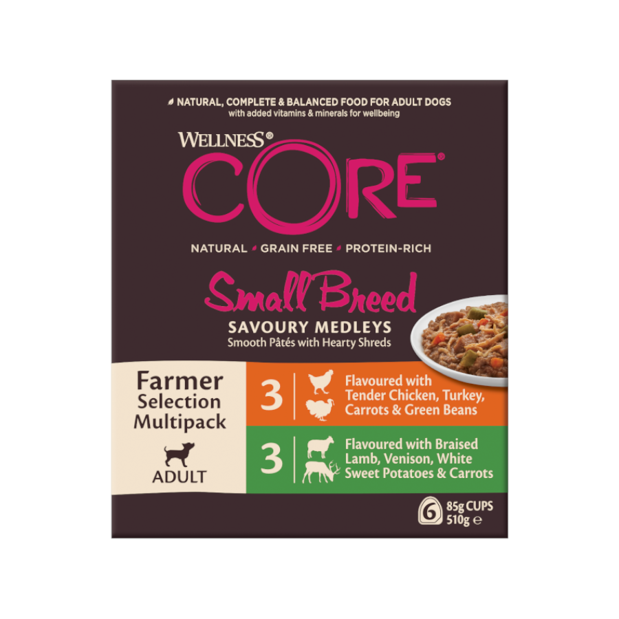 6 potes de 85g de ração para cães Wellness Core Small Farmer Selection