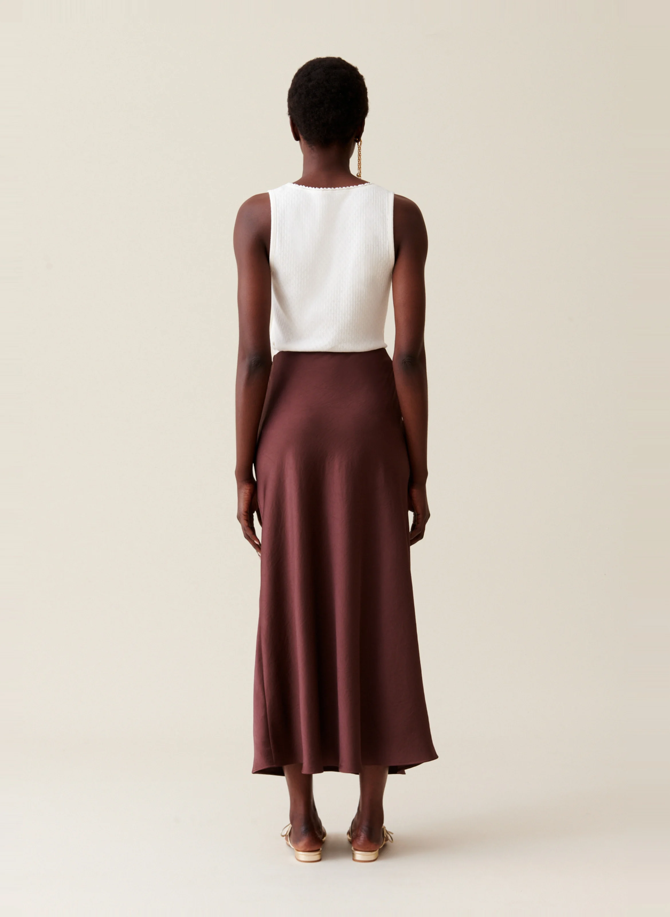 Jupe longue fluide satinée| Marron