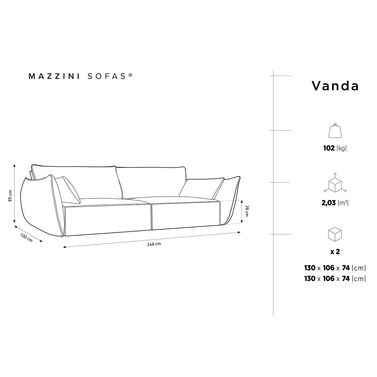 Mazzini Sofas Canapé Velours Vanda 4 Places beige clair - 248x100x85 cm