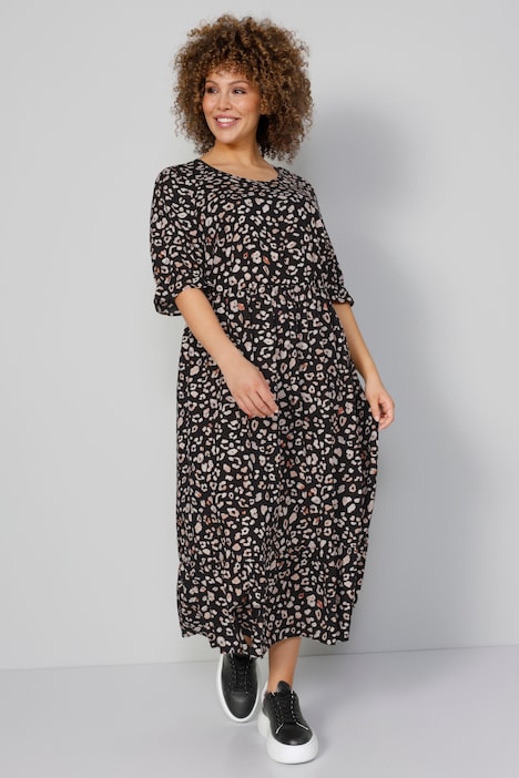 Maxikleid, Animalprint, Rundhals, 3/4-Ärmel mit Rüsche