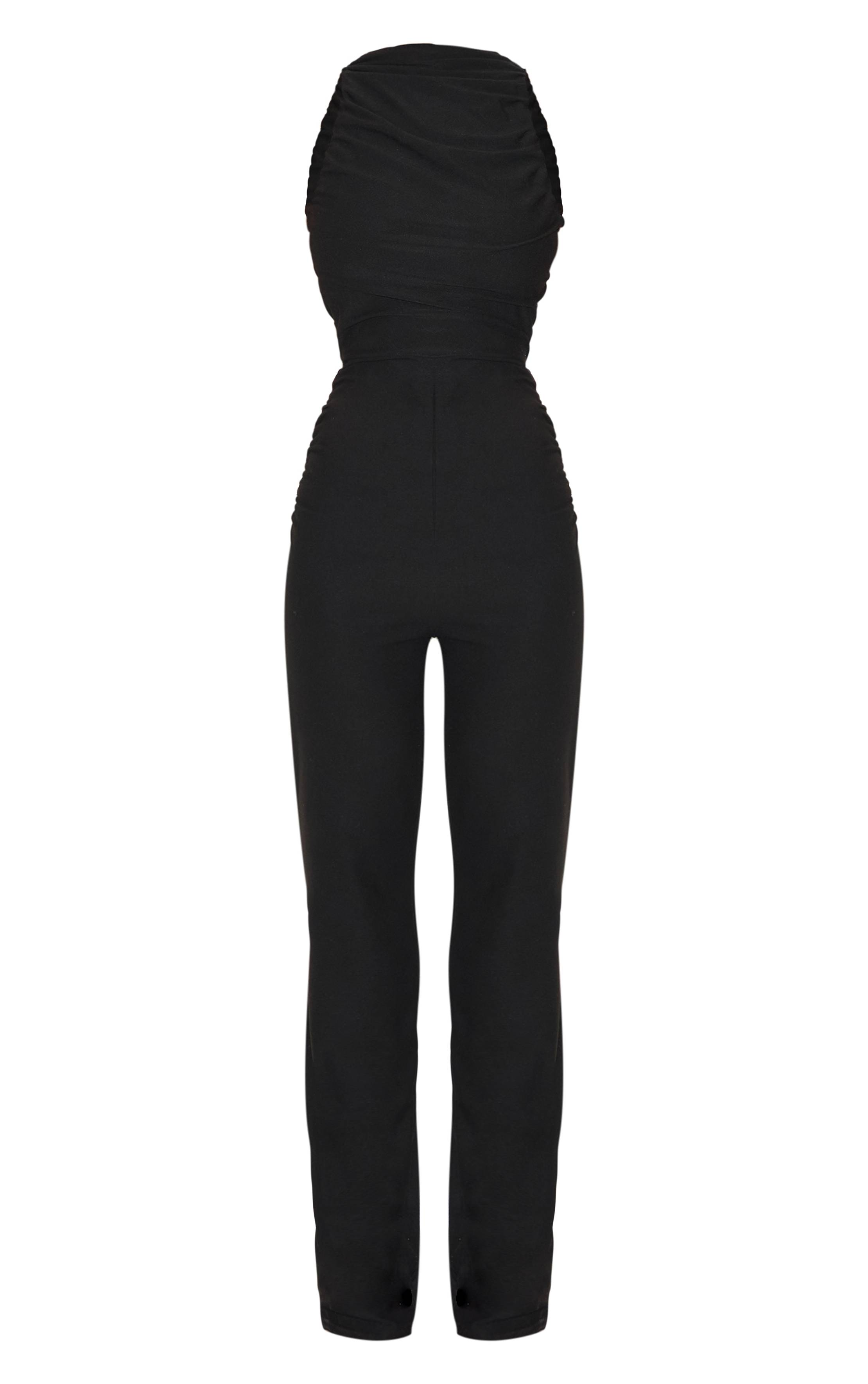 Noir Combinaison Jambe Droite Froncée En Tissu Doux Au Toucher