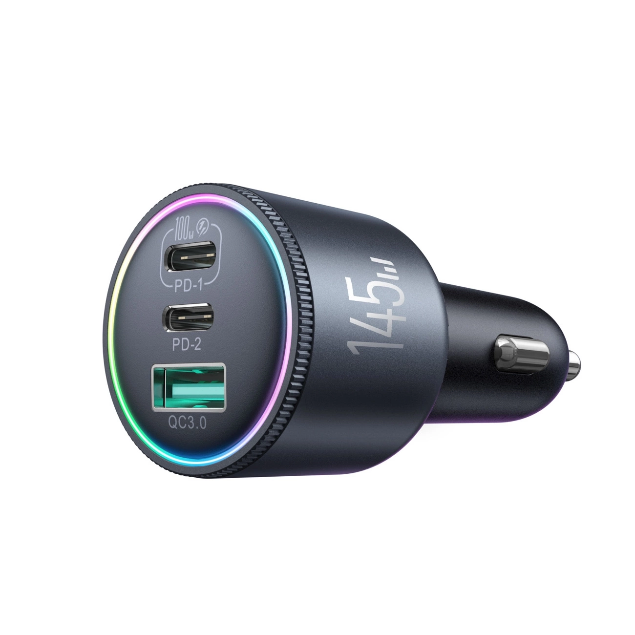 (145W) Dual USB C / USB A Auto KFZ Ladegerät Netzteil PD 3.0 / QC 3.0 mit LED Beleuchtung   USB C Ladekabel (JR-CCN07) - Schwarz