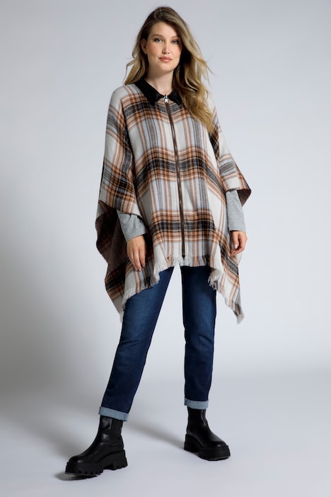 Cape, Karo, Lederoptik-Kragen, Oversized, Fransen