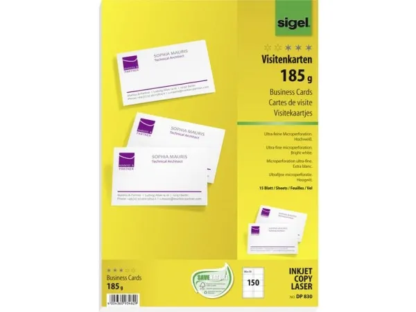 Sigel DP830 - Mikroperforeret - skinnende hvid - 85 x 55 mm - 185 g/m² - 150 kort (15 ark x 10) visitkort