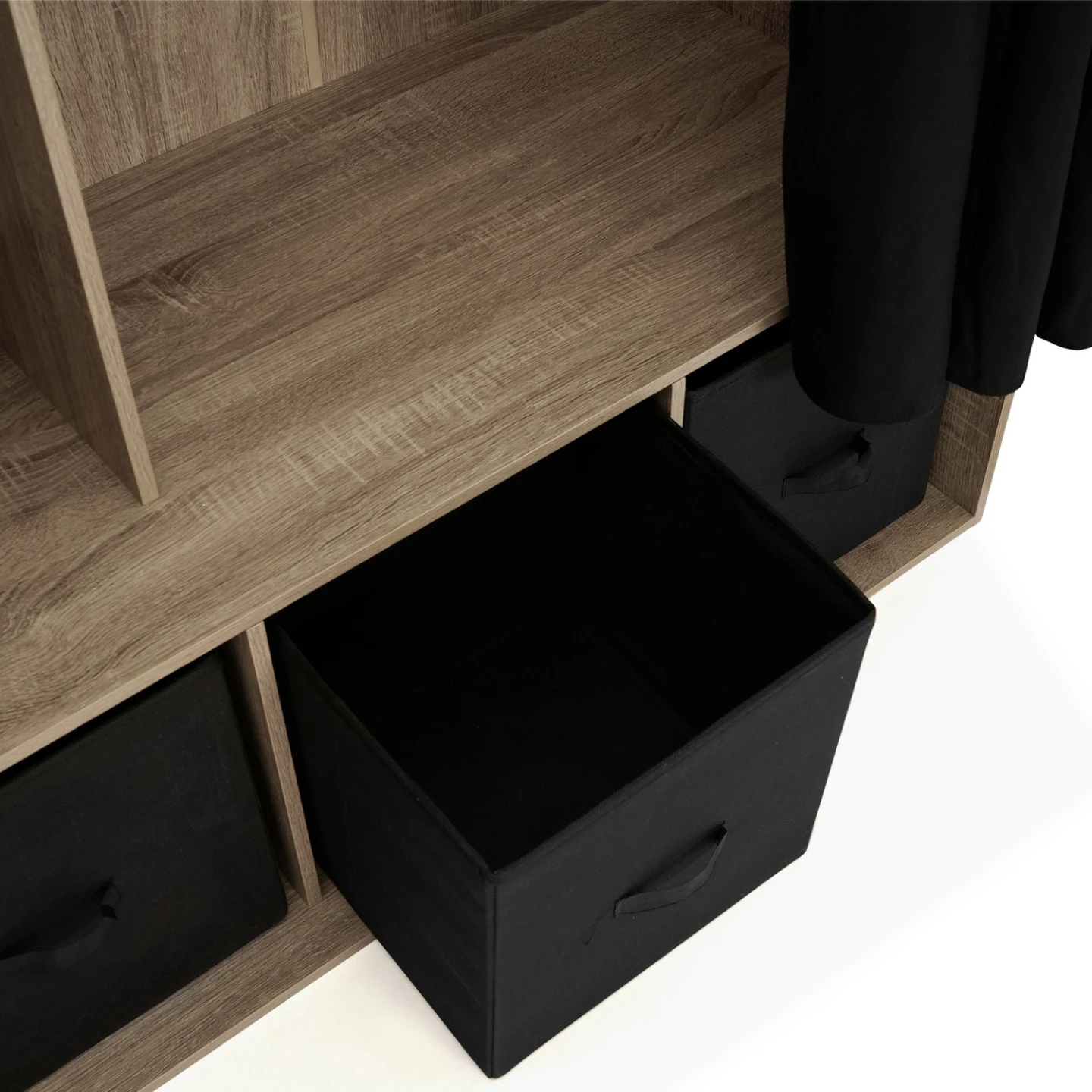 Dressing penderie DIANE 105 x 50 x 172 cm hêtre avec étagères + boites de rangement + rideau noir