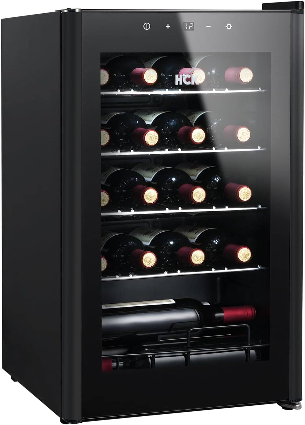 HCK 70L Weinkühlschrank für 24 Flaschen, 4-22°C Weinkühlschränke Flaschenkühlschrank, Getränkekühlschrank mit Glastür, Geräuscharmer Weinschrank, Frostfreie Glastür, Vollglas-Touchpanel, Schwarz