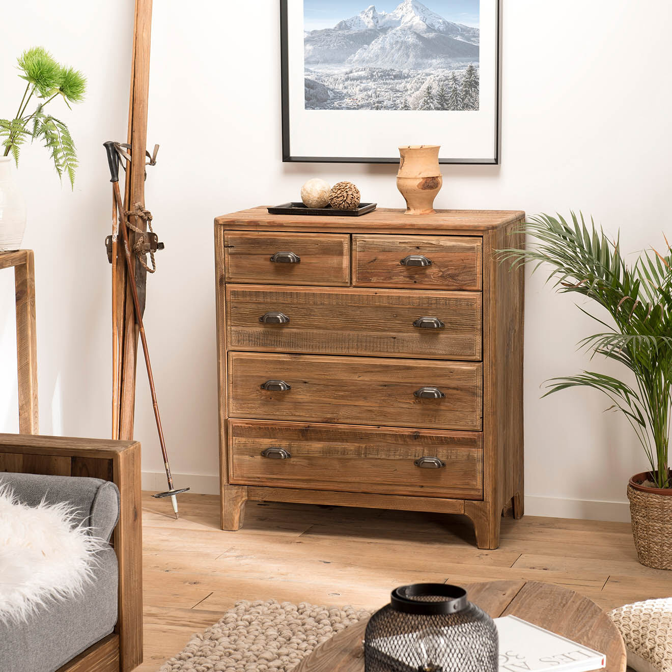 Macabane Meuble chiffonnier 5 tiroirs Sandy bois naturel  - 90x48x100 cm