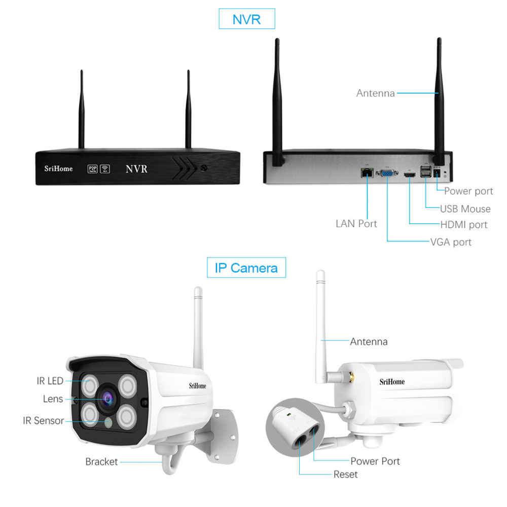 (2MP) 4x WiFi Internet IP NVR Überwachungskamera HD 1080p IR LED's Nachtsicht & Bewegungserkennung / AP / Audio / IP66 (iOS/Android)