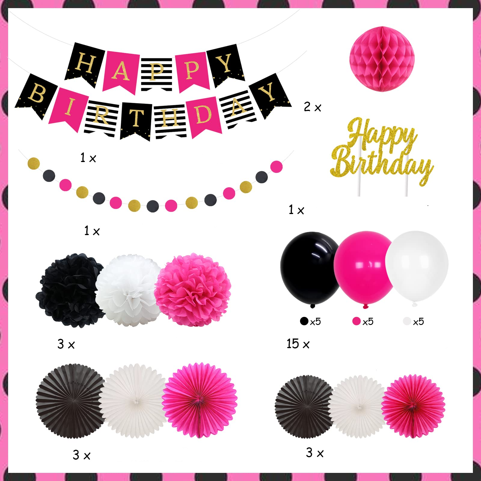 (31-tlg. Set) Happy Birthday Girlande Geburtstags Party Deko   Luftballons / Kuchenstecker / Wabenkugeln / Kreis Girlanden / Rosetten - Pink / Schwarz