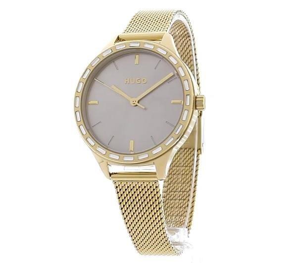 Hugo Flash Light Gold Mesh Strap Watch Womens