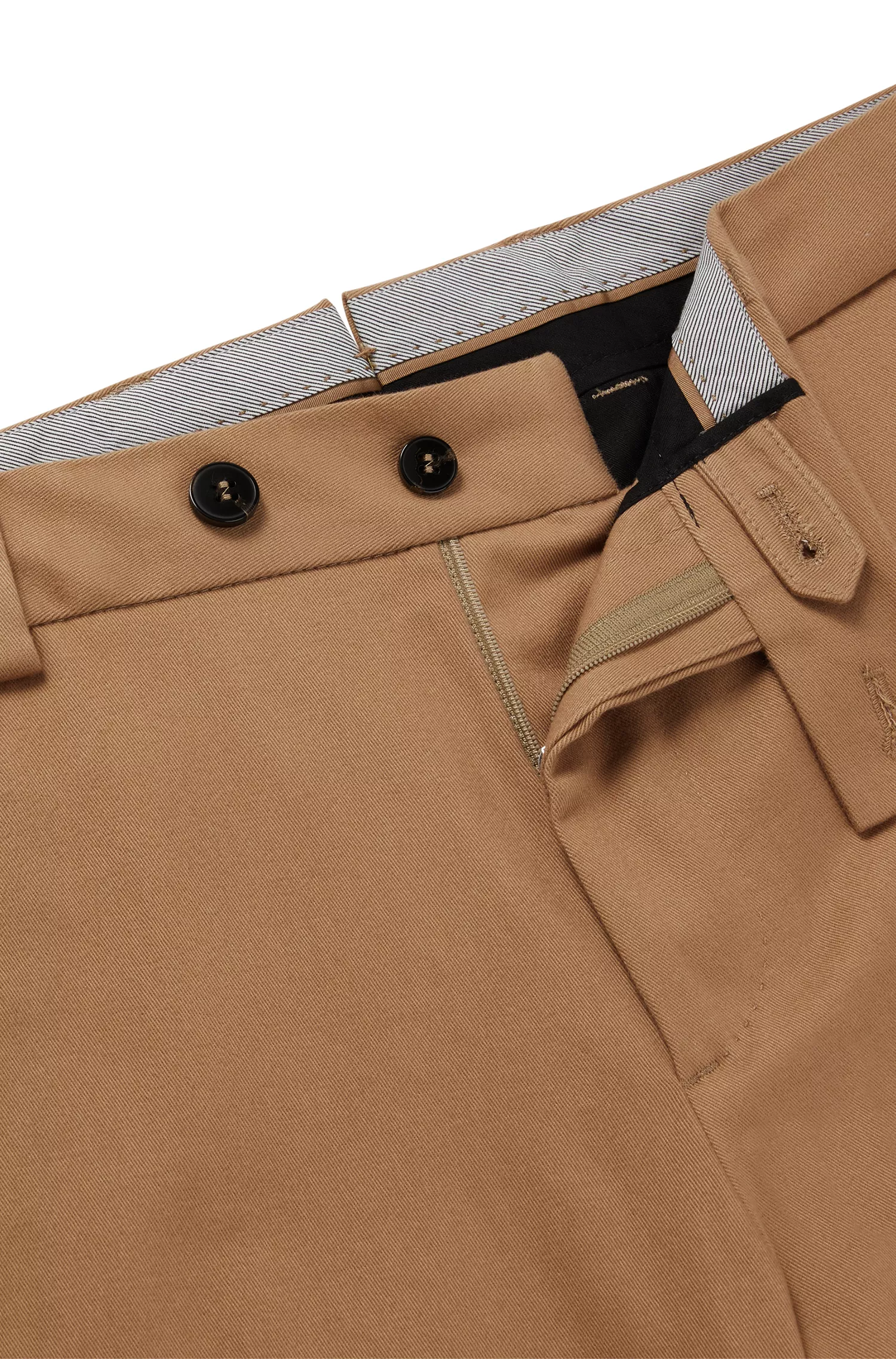 Calça BOSS Camel de corte afunilado em algodão elástico com cashmere.