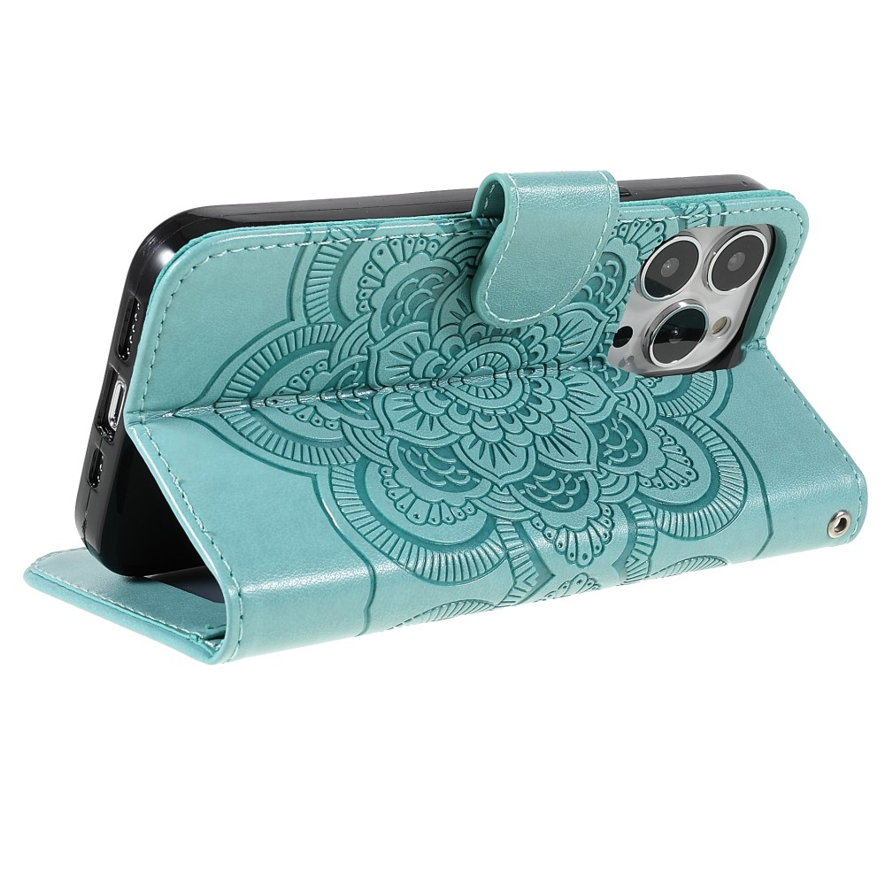 iPhone 13 Pro Leder Tasche Wallet - Mandala Flowers Imprint - Türkis