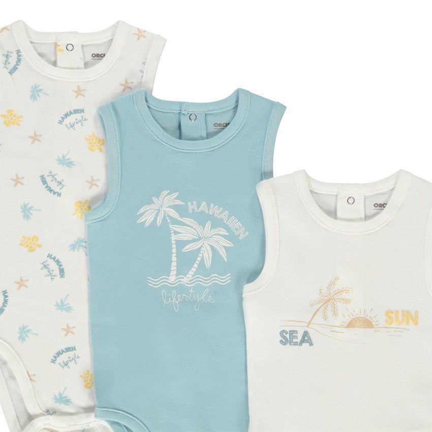Lot de 7 bodies débardeurs en jersey print Hawaii pour bébé garçon - Ecru