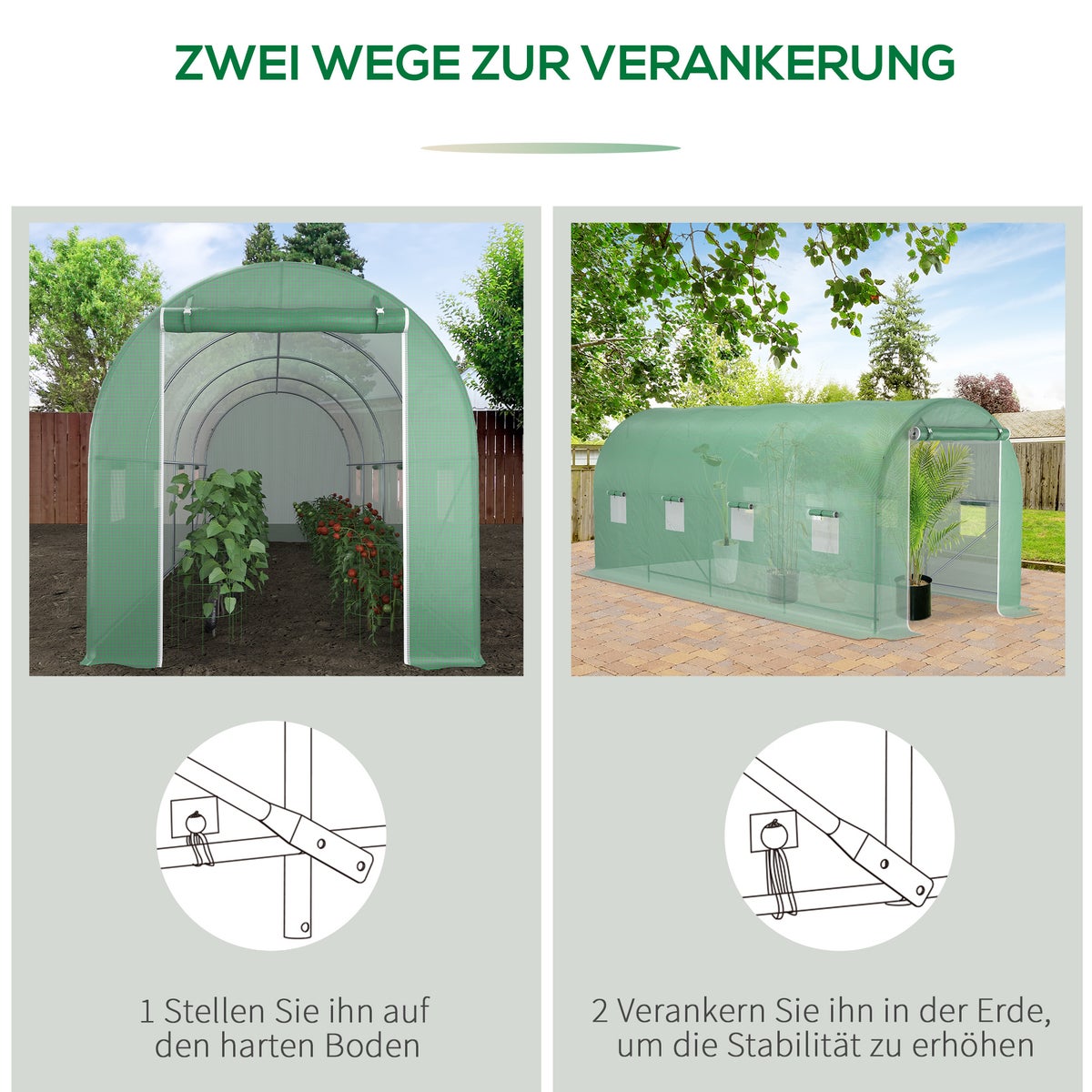 Outsunny polytunnelkas, tomatenkas met raam, 500 x 200 x 205 cm, PE, staal, groen