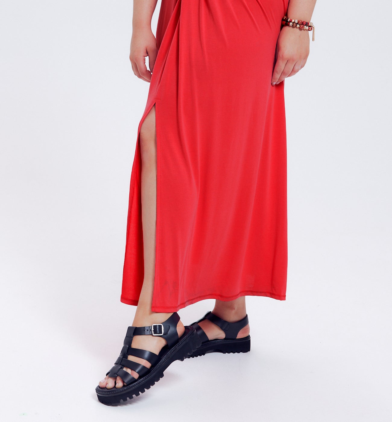 Longue robe unie en jersey - Groseille