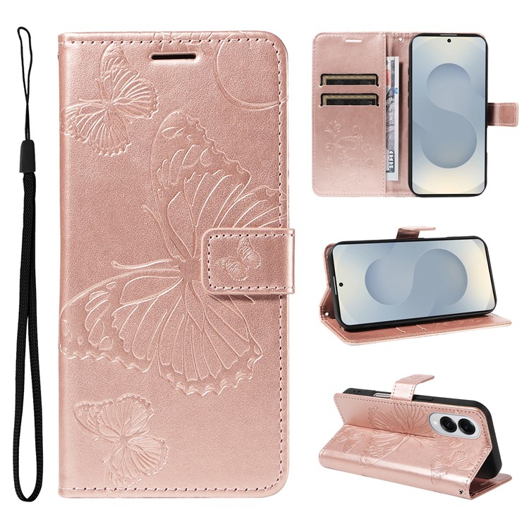 Samsung Galaxy S25 Edge Leder Tasche mit Kartenfach   Handschlaufe Schmetterling - Roségold