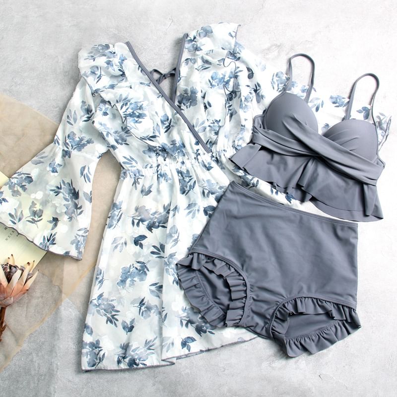 Moonrise badkleding - Set: effen tankinitop + zwemshort + cover-up met bladprint