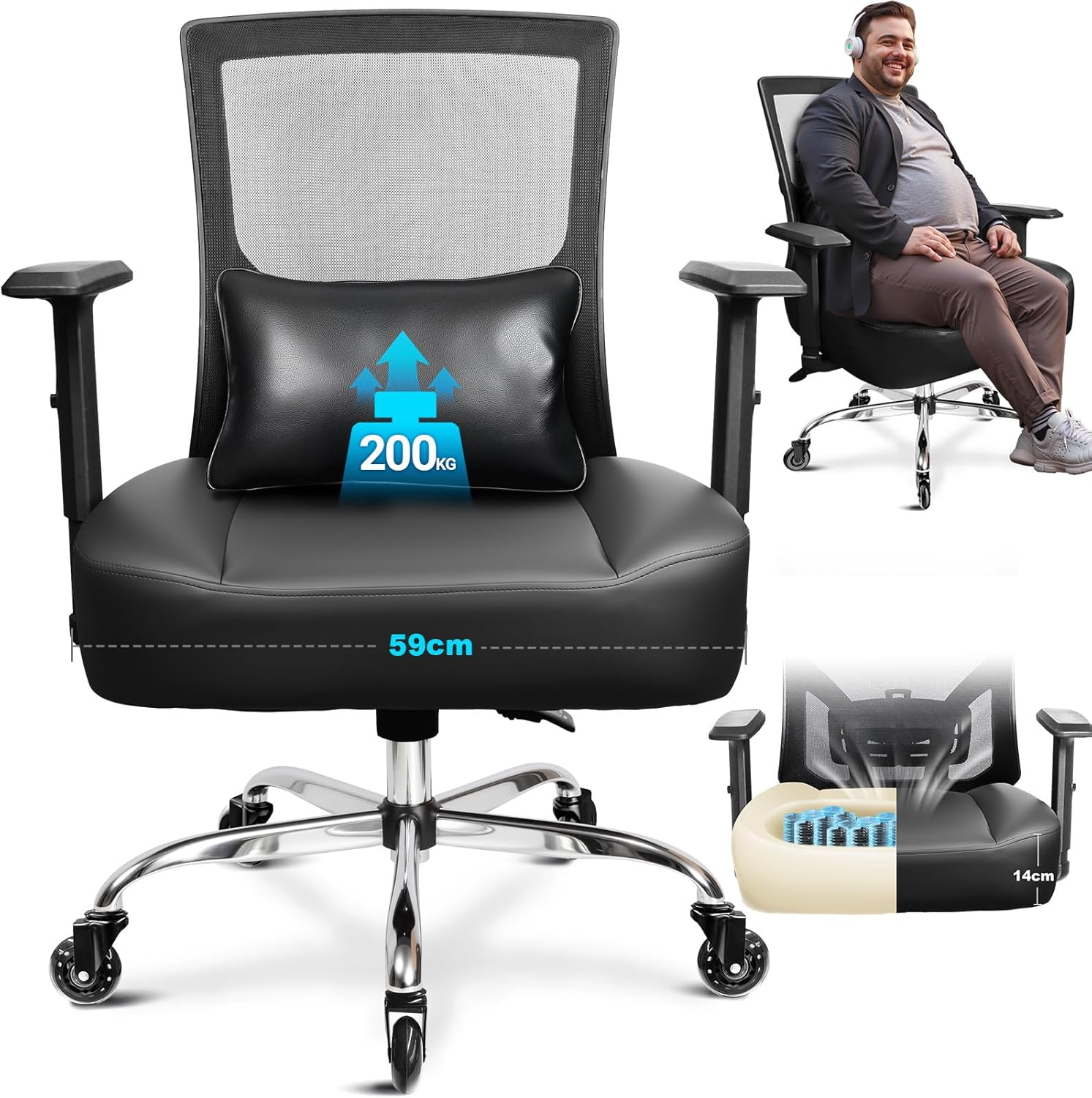 Bürostuhl 200KG XXL, Extrabreites & Extra Dickes Sitzkissen mit Federkern, Gummirollen, Verstellbare Lendenwirbelstütze, Stufenlose Neigungsverriegelung, Gaming & Büro [Lendenkissen Inklusive]