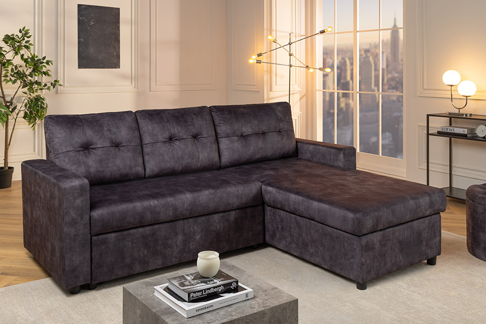 Schlafecksofa APARTMENT 205cm grau Samt 3-Sitzer inkl. Stauraum beidseitig aufbaubar