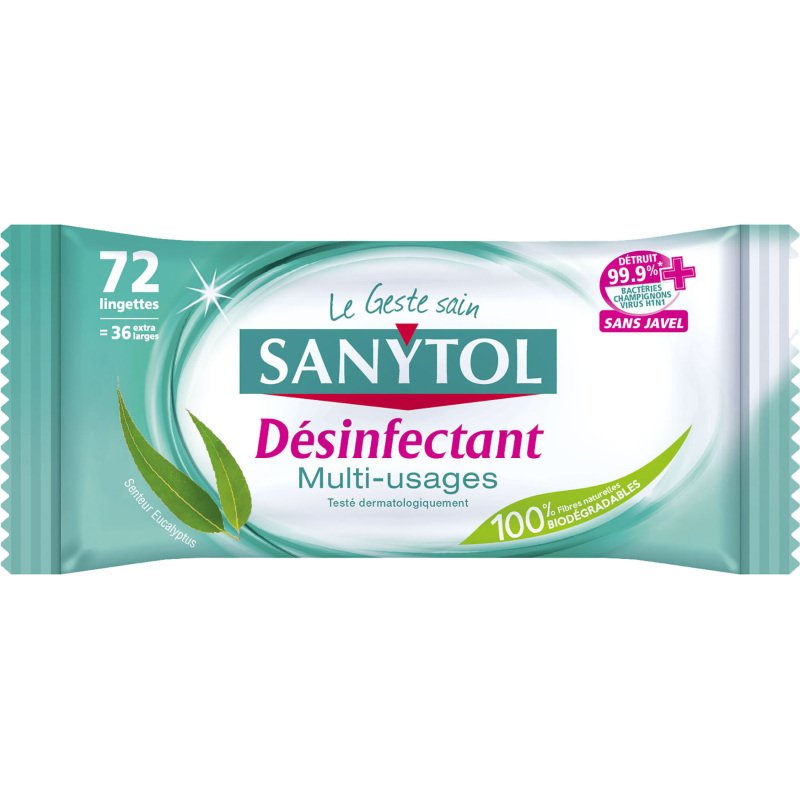 Lingettes nettoyantes désinfectantes surfaces Sanytol - Paquet de 72