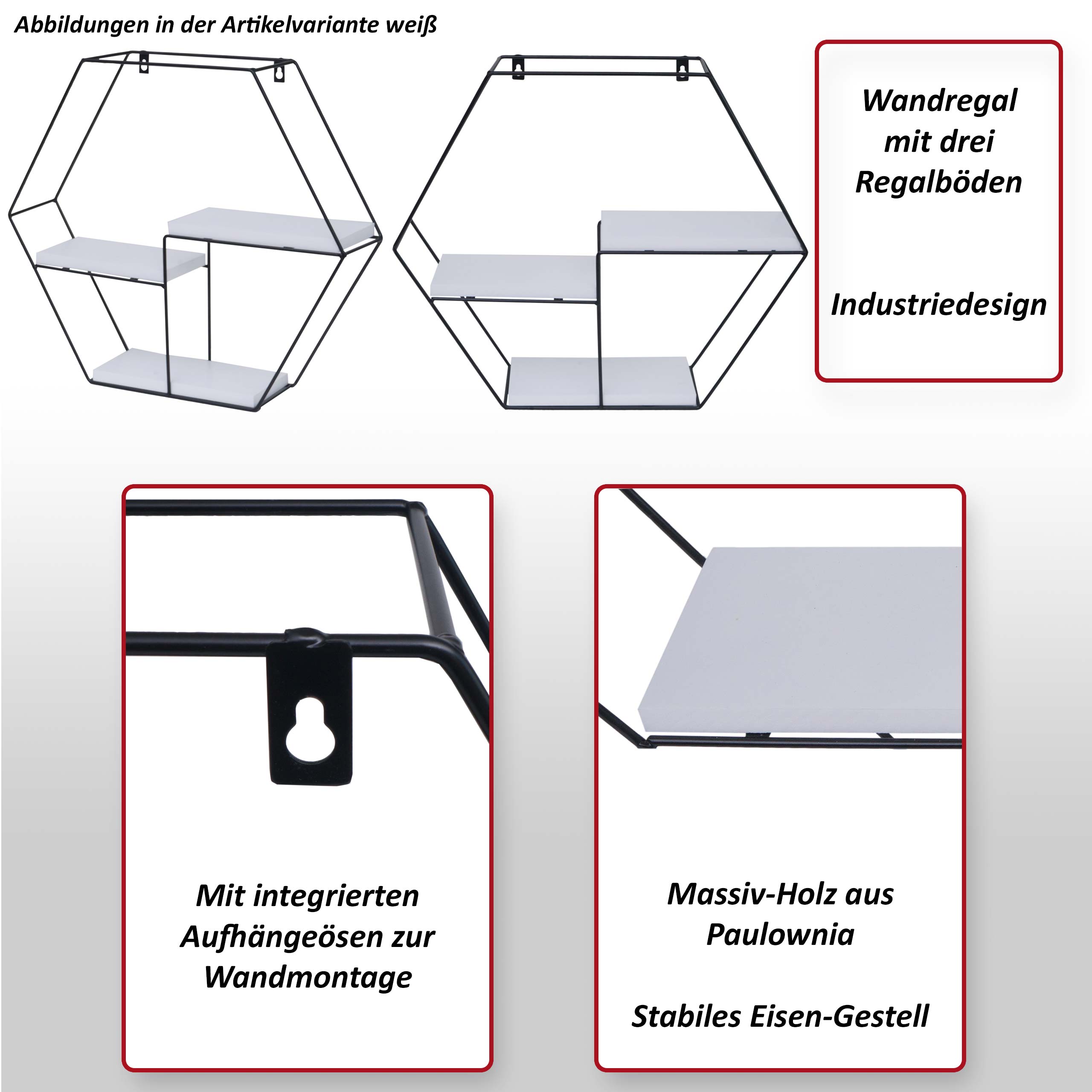 Wandregal MCW-K76, Hängeregal Schweberegal Regal, 3 Regalböden Metall Massiv-Holz Industrial 43x49x11cm ~ dunkelgrau