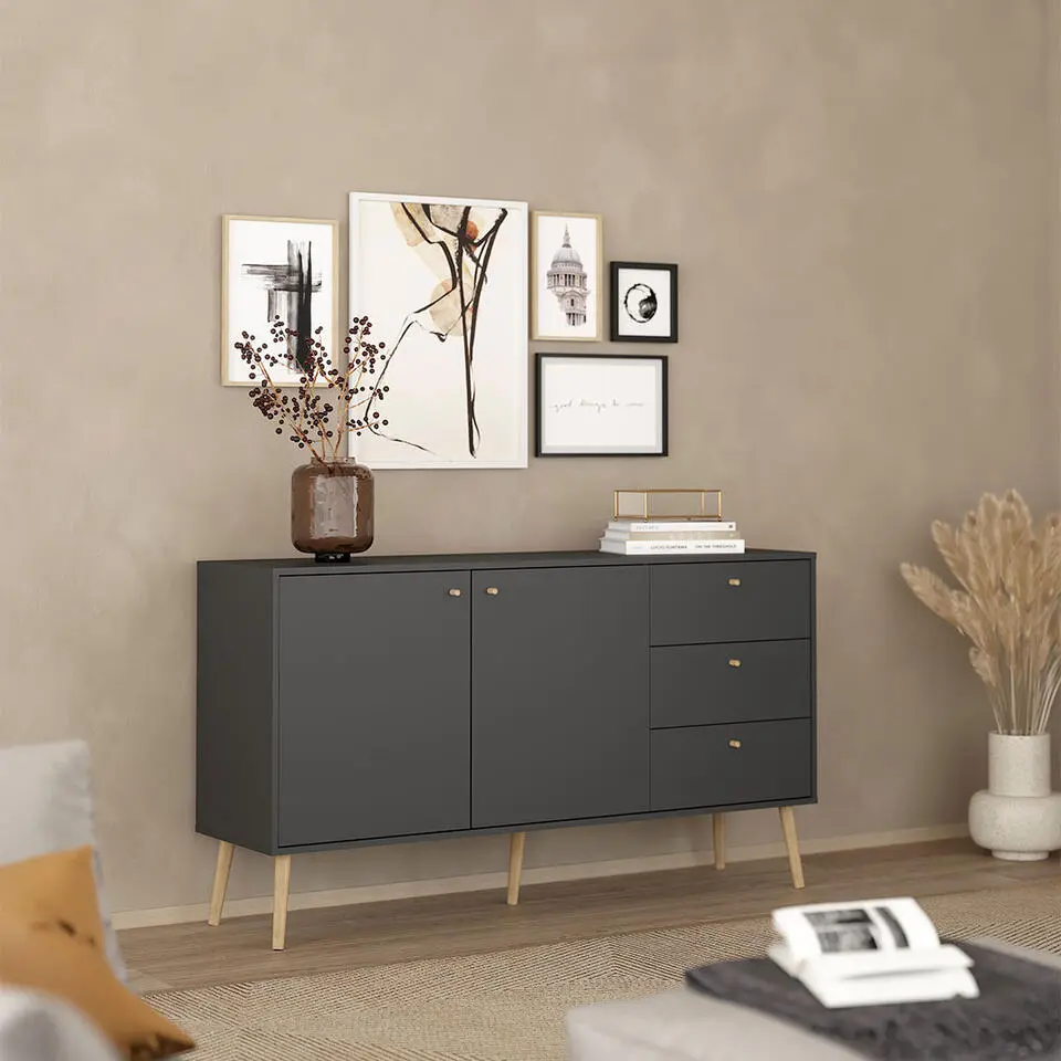 Hioshop Bodo dressoir 2 deuren- 3 lades matgrijs