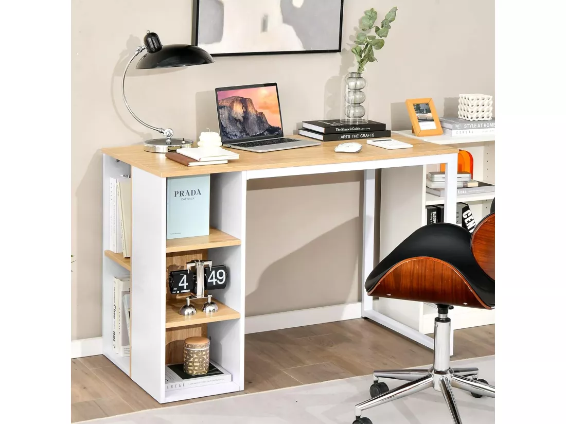 Bureau d'Ordinateur avec Bibliothèque, Bureau Informatique avec 5 Compartiments, Cadre en Métal, Table d'Ordinateur pour Bureau, Chambre, Studio, 115 x 59,5 x 75 cm (Naturel)
