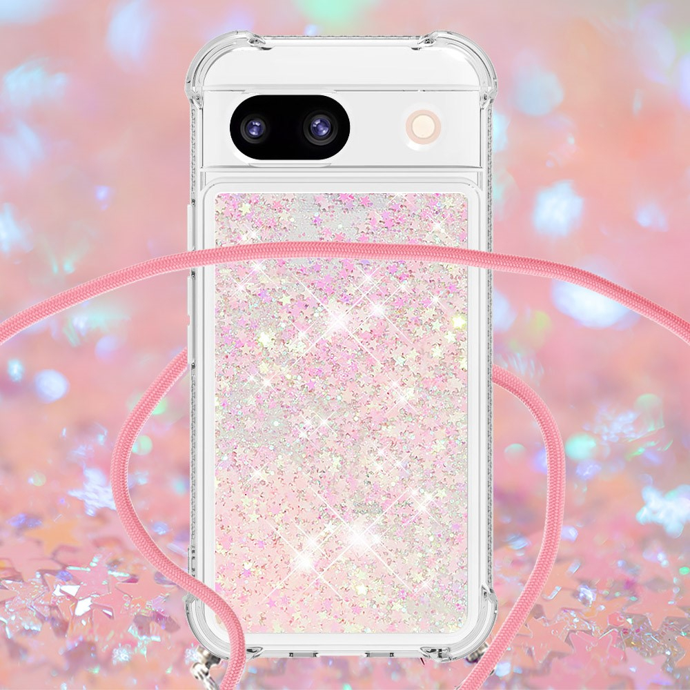 Google Pixel 8a Necklace Gummi Hülle Liquid Glitzer   Handykette (130cm) - Rosa