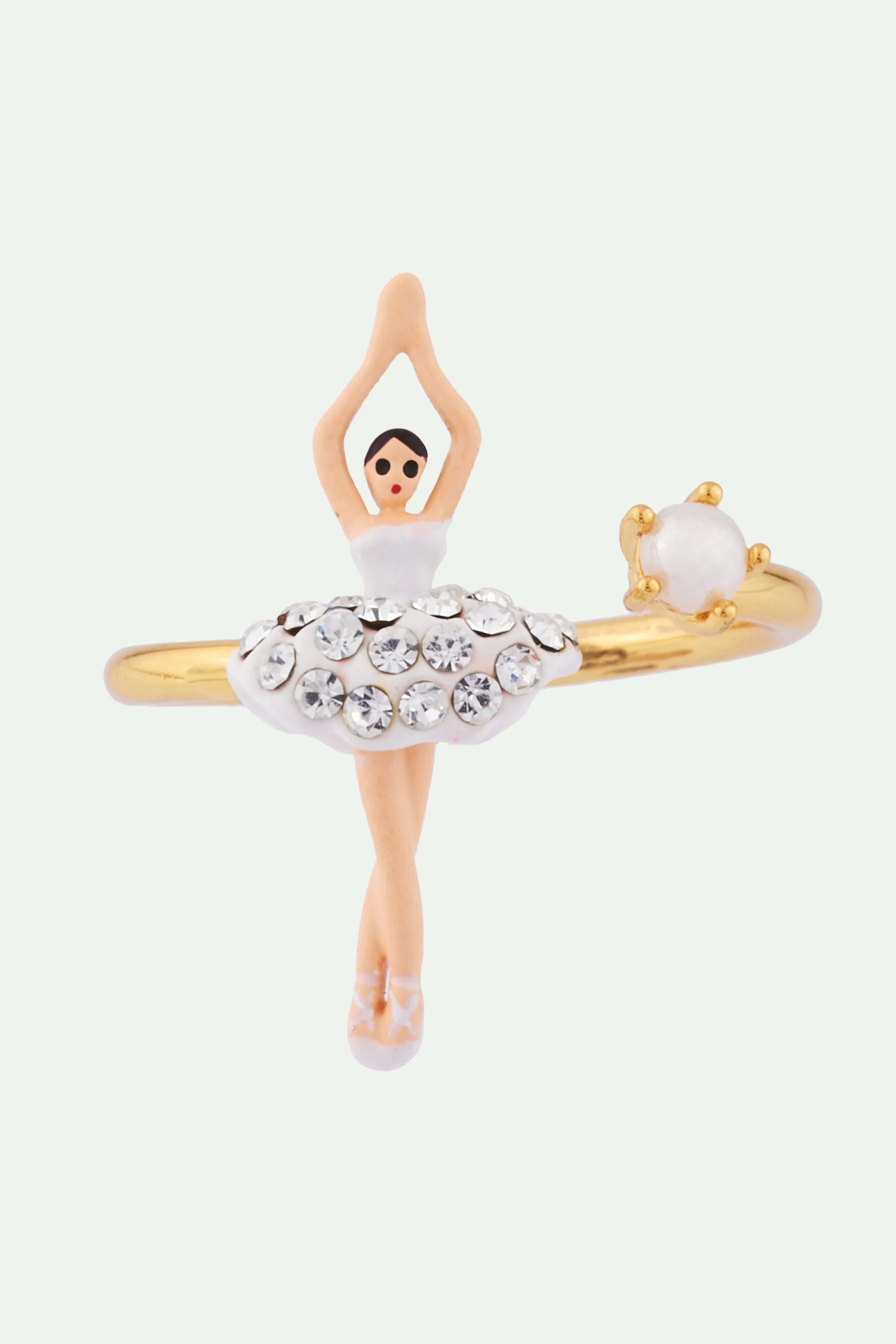Bague ajustable mini ballerineen strass et perle | Blanc