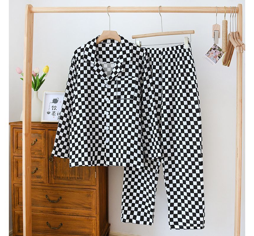 Somnus - Koppel bijpassende pyjamaset: lange mouwen dambord top + broek (verschillende ontwerpen)