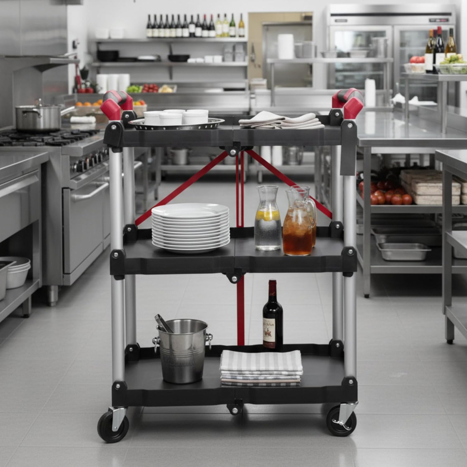 Mahlzeit Faltbarer Servierwagen mit Rollen | 64 x 40,5 x 82 cm, Bis zu 150 kg Belastbar | Rot/Schwarz | dreistufiges Faltregal, Klappregal mit 3 Etagen | Klappbares Standregal, Klappbares Regal