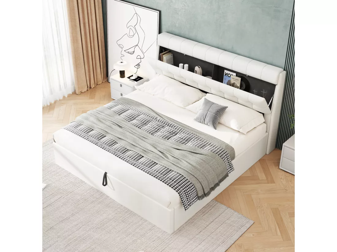 Lit coffre 140x200 cm - en similicuir - tête de lit avec rangement - Blanc